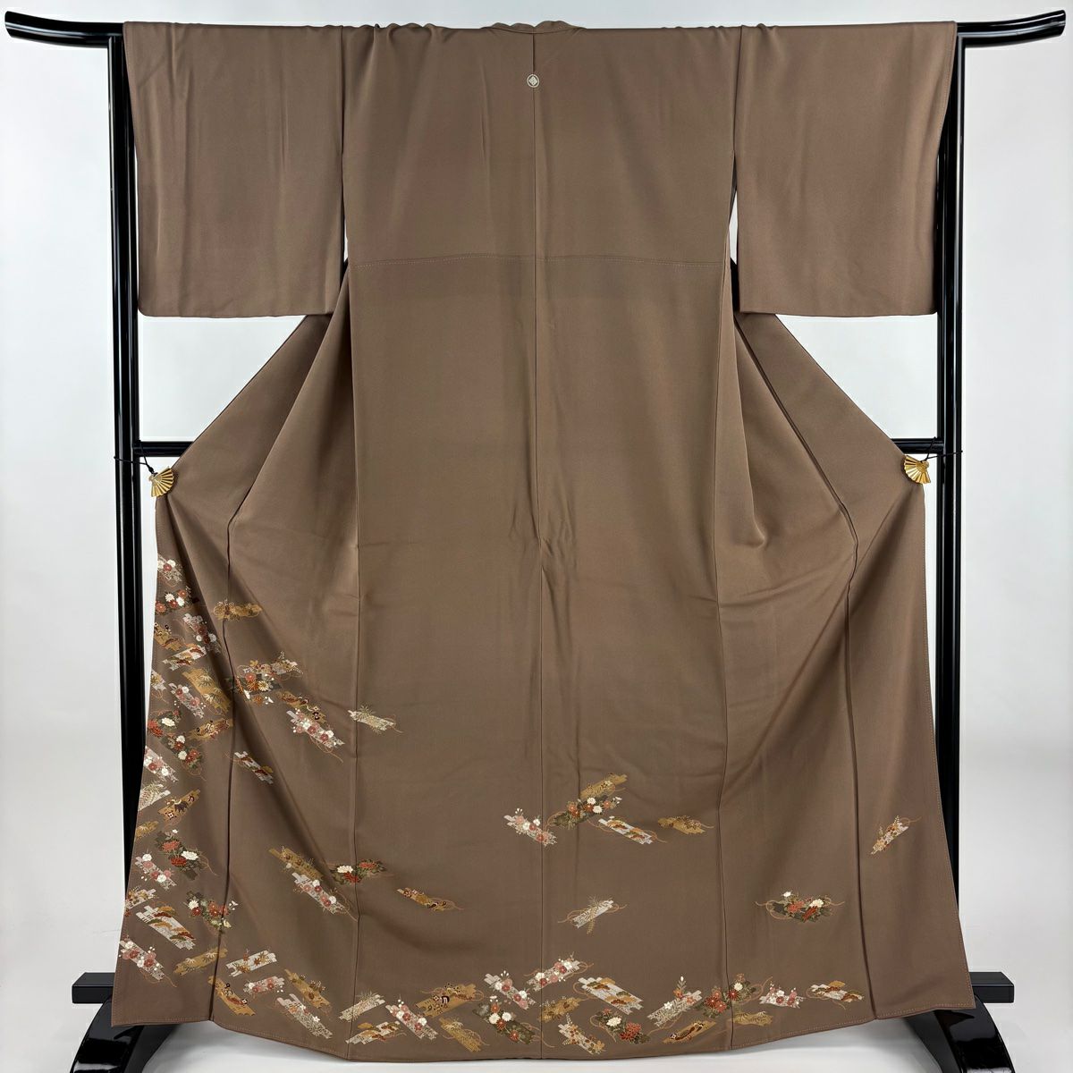 留袖禮服禮服 身長167cm 袖長67cm M 雙層 花筏 寶盡くし 金絲 金銀彩 茶 純蠶絲 秀品級 一つ紋