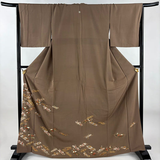 留袖禮服禮服 身長167cm 袖長67cm M 雙層 花筏 寶盡くし 金絲 金銀彩 茶 純蠶絲 秀品級 一つ紋