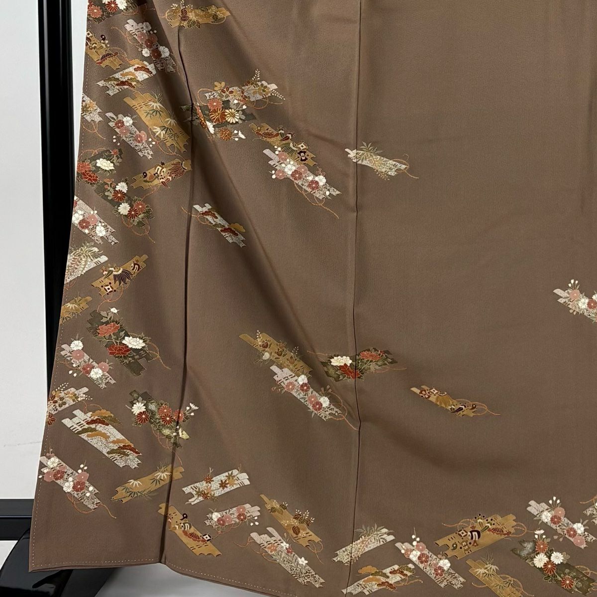 留袖禮服禮服 身長167cm 袖長67cm M 雙層 花筏 寶盡くし 金絲 金銀彩 茶 純蠶絲 秀品級 一つ紋