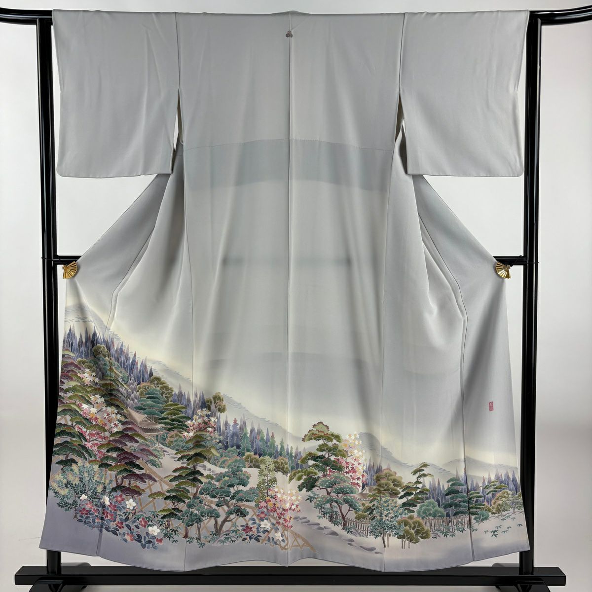 色留袖禮服 身長153.5cm 袖長63cm S 雙層 蒼風 落款有 樹木 建物 漸層 灰 純蠶絲 秀品級 一つ紋