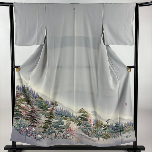 色留袖禮服 身長153.5cm 袖長63cm S 雙層 蒼風 落款有 樹木 建物 漸層 灰 純蠶絲 秀品級 一つ紋