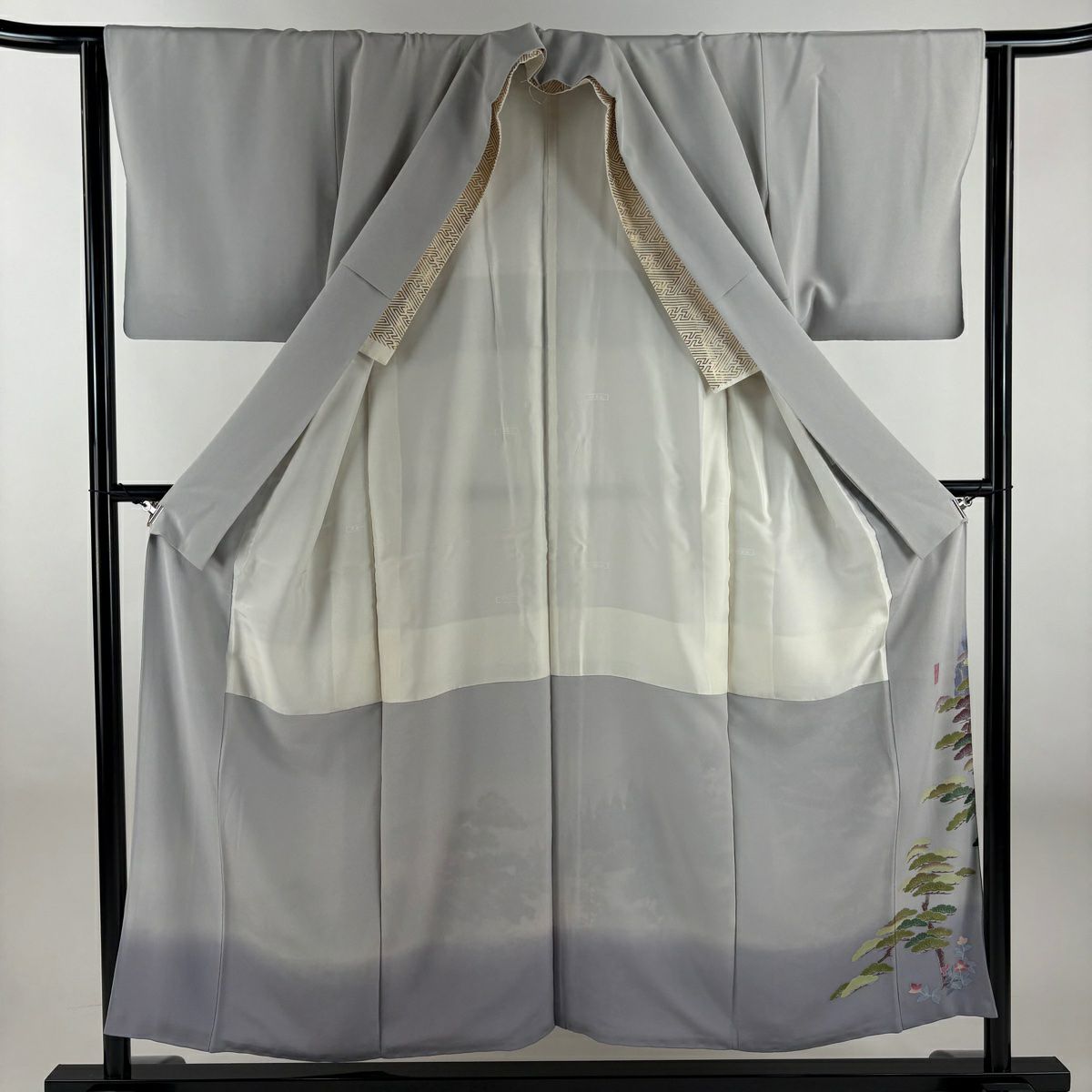 色留袖禮服 身長153.5cm 袖長63cm S 雙層 蒼風 落款有 樹木 建物 漸層 灰 純蠶絲 秀品級 一つ紋