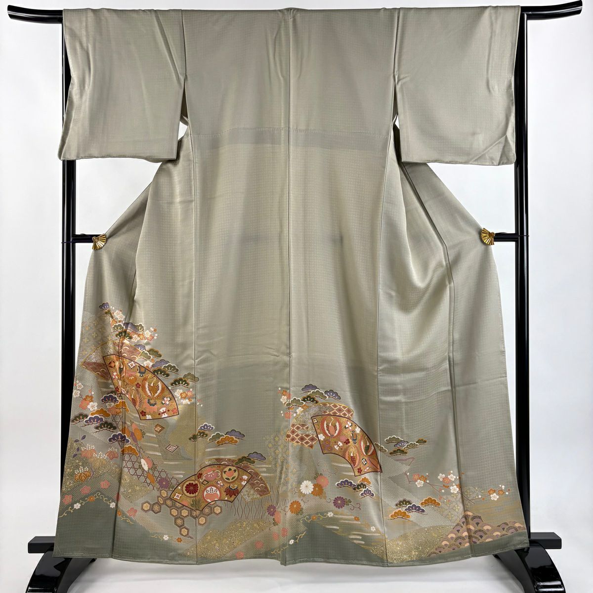 留袖禮服禮服 身長161cm 袖長66cm M 雙層 扇子面 松樹梅花 金絲 金銀彩 灰茶 純蠶絲 秀品級