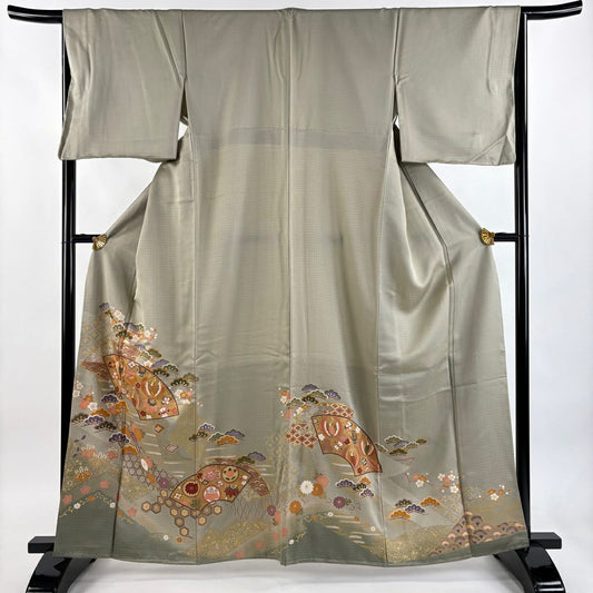 留袖禮服禮服 身長161cm 袖長66cm M 雙層 扇子面 松樹梅花 金絲 金銀彩 灰茶 純蠶絲 秀品級