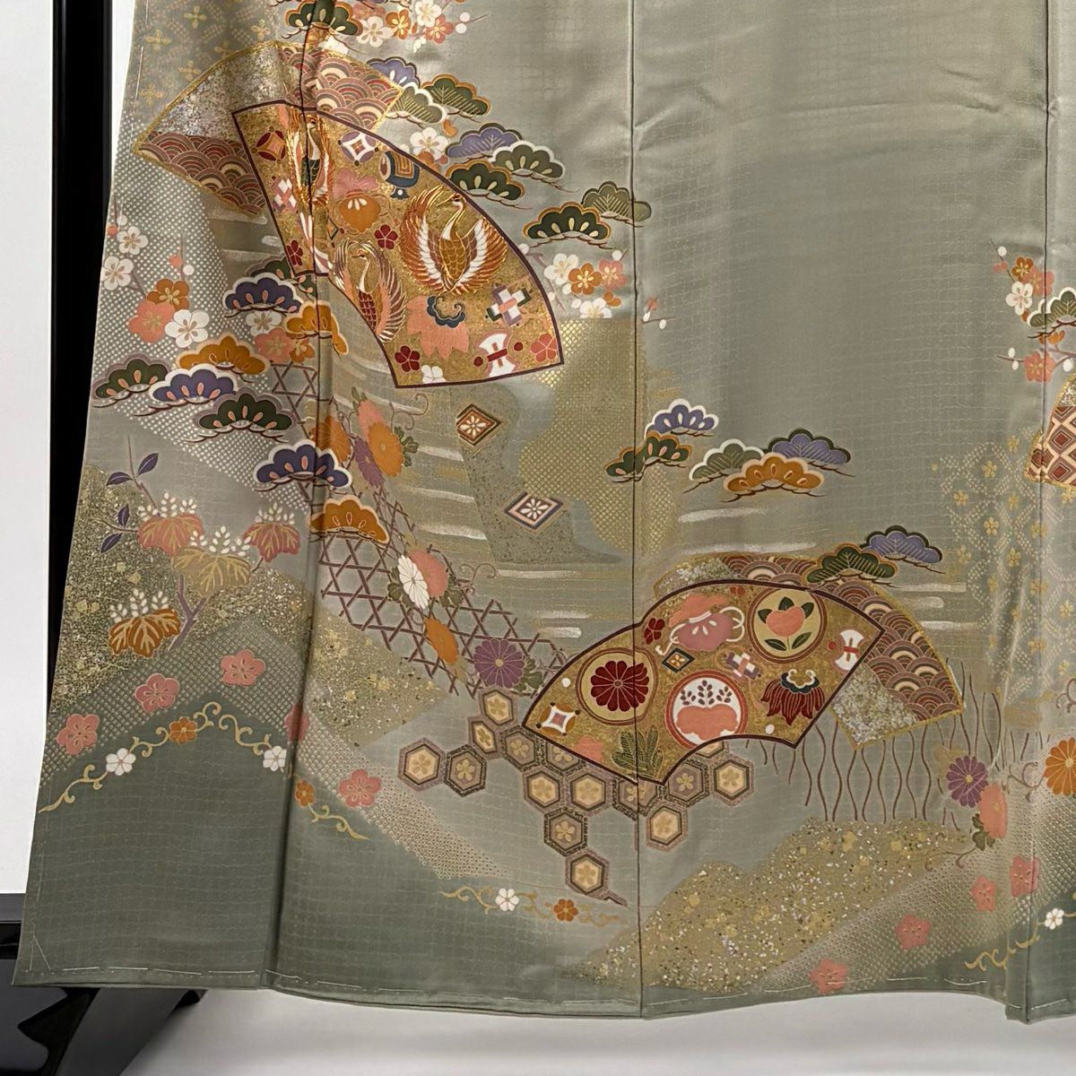 留袖禮服禮服 身長161cm 袖長66cm M 雙層 扇子面 松樹梅花 金絲 金銀彩 灰茶 純蠶絲 秀品級