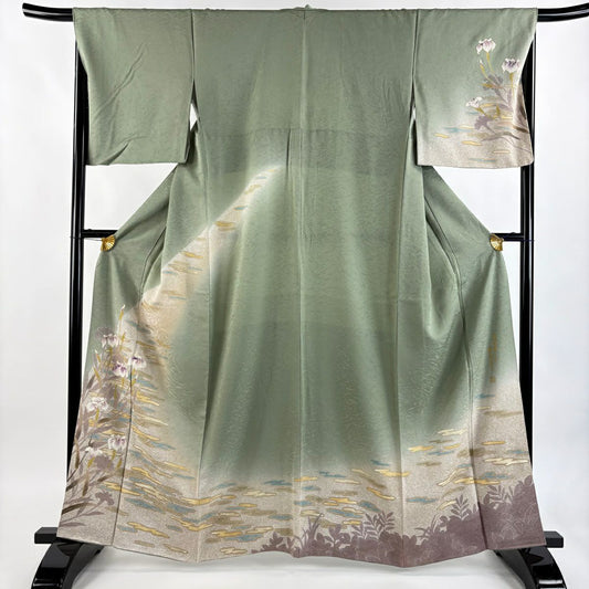 訪問服 身長161cm 袖長67cm M 雙層 菖蒲 霞 金銀彩 薄綠 純蠶絲 名品級