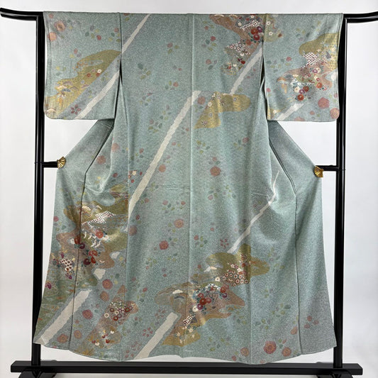 訪問服 身長152.5cm 袖長64cm M 雙層 仙鶴 菊花 金彩裝飾 刺繡 薄綠 純蠶絲 名品級