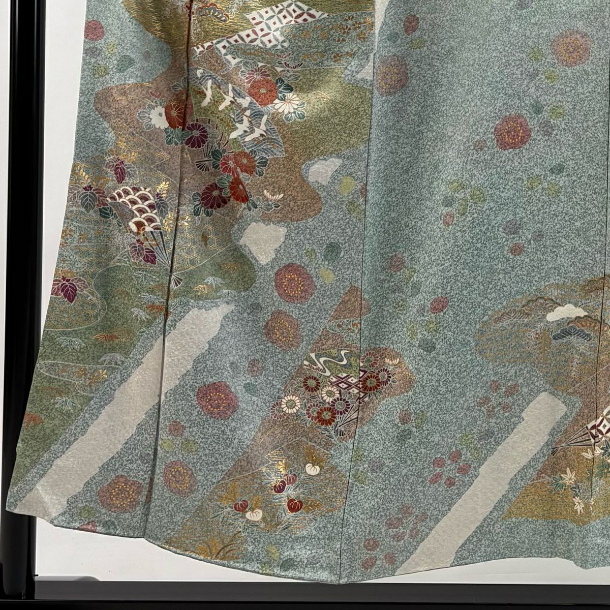 訪問服 身長152.5cm 袖長64cm M 雙層 仙鶴 菊花 金彩裝飾 刺繡 薄綠 純蠶絲 名品級