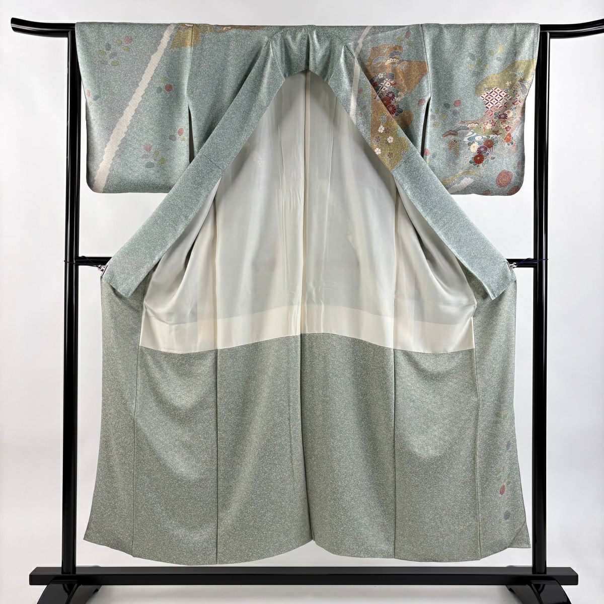 訪問服 身長152.5cm 袖長64cm M 雙層 仙鶴 菊花 金彩裝飾 刺繡 薄綠 純蠶絲 名品級
