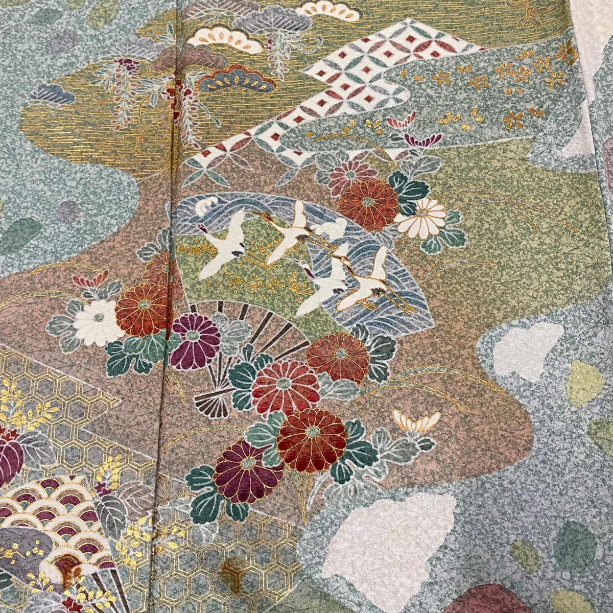 訪問服 身長152.5cm 袖長64cm M 雙層 仙鶴 菊花 金彩裝飾 刺繡 薄綠 純蠶絲 名品級