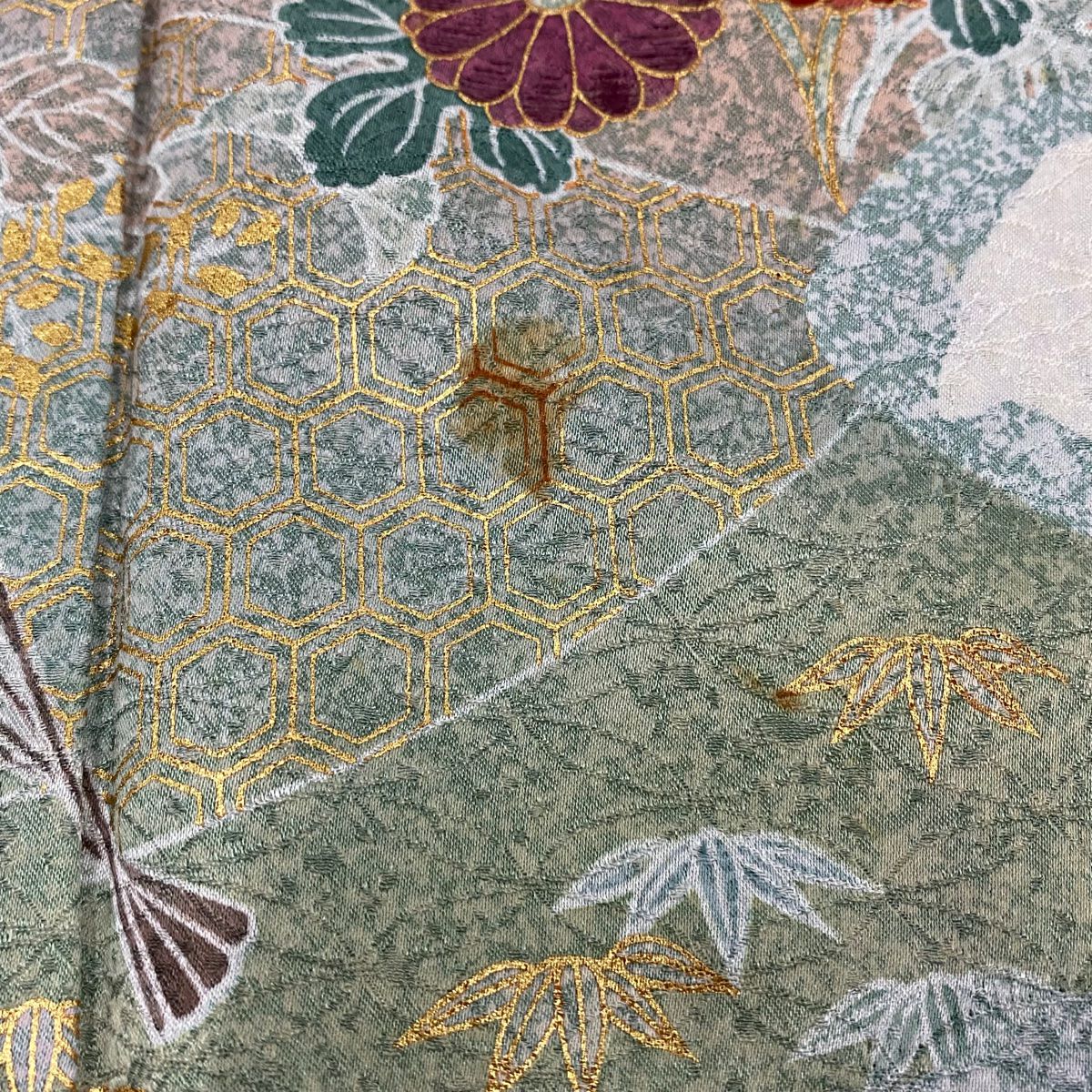 訪問服 身長152.5cm 袖長64cm M 雙層 仙鶴 菊花 金彩裝飾 刺繡 薄綠 純蠶絲 名品級