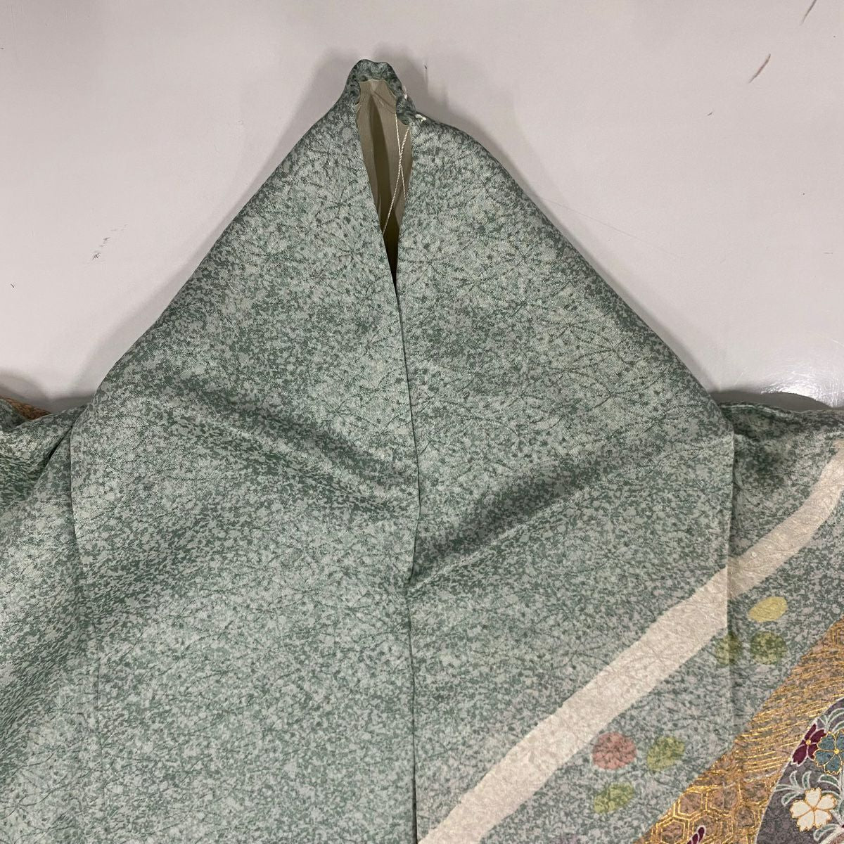 訪問服 身長152.5cm 袖長64cm M 雙層 仙鶴 菊花 金彩裝飾 刺繡 薄綠 純蠶絲 名品級