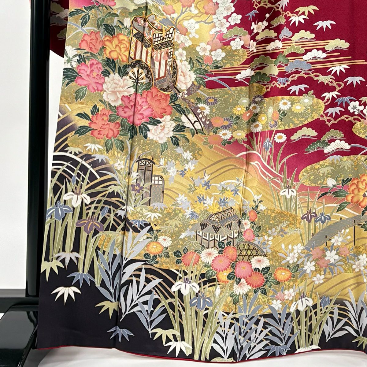 振袖禮服 身長168cm 袖長66cm M 雙層 御所車 松樹竹子梅花 金絲 金銀彩 紅紫 純蠶絲 名品級