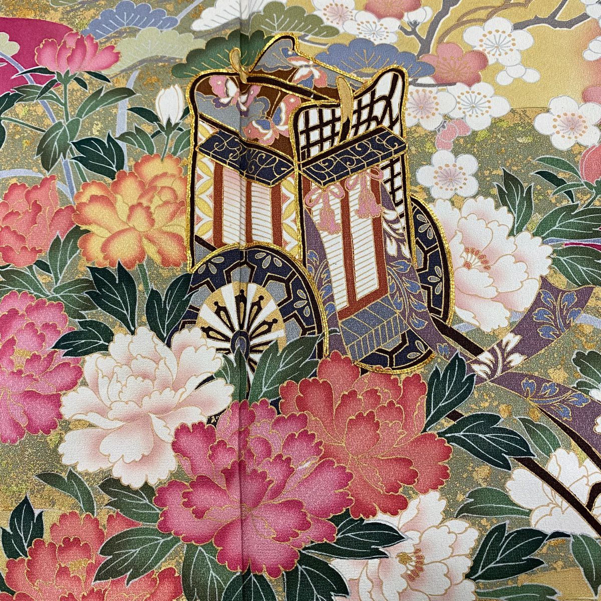 振袖禮服 身長168cm 袖長66cm M 雙層 御所車 松樹竹子梅花 金絲 金銀彩 紅紫 純蠶絲 名品級