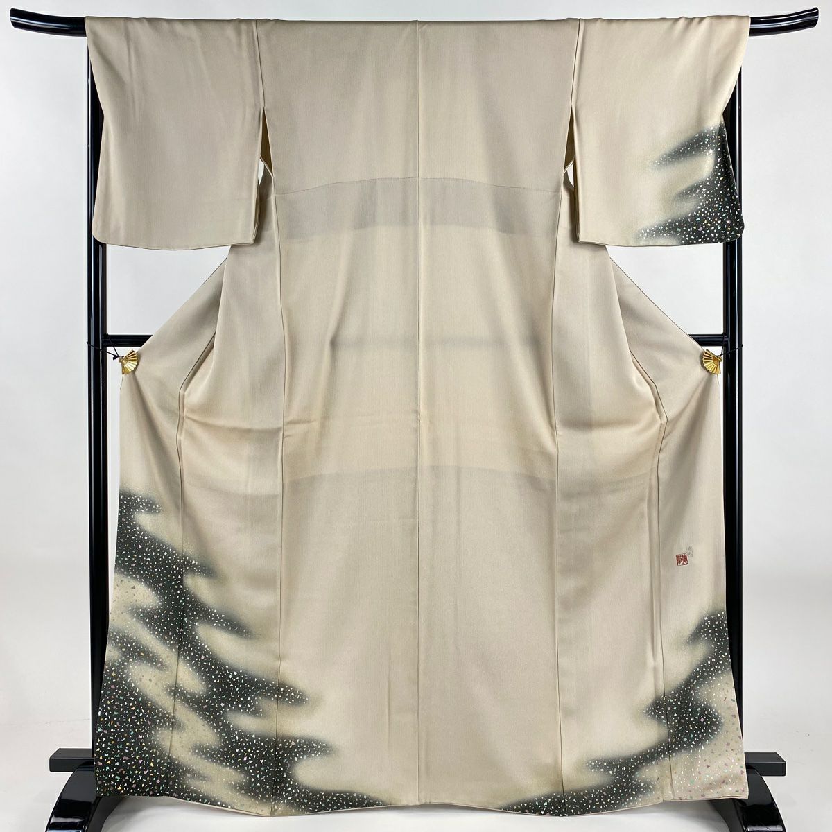 付下 身長165.5cm 袖長67.5cm L 雙層 藤林德扇子 落款あり 霞 銀通 金銀彩 淺茶 純蠶絲 逸品級