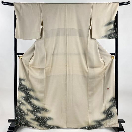 付下 身長165.5cm 袖長67.5cm L 雙層 藤林德扇子 落款あり 霞 銀通 金銀彩 淺茶 純蠶絲 逸品級
