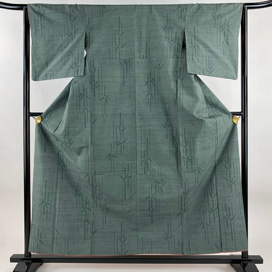 【美品】結城紬織 身長157cm 袖長63cm S 雙層 はたおり娘 やまと 證書あり 竹子 龜甲絣 灰綠 純蠶絲 逸品級