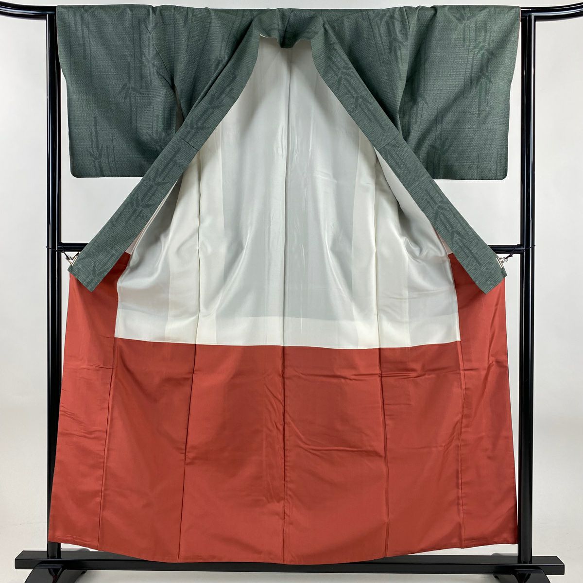 【美品】結城紬織 身長157cm 袖長63cm S 雙層 はたおり娘 やまと 證書あり 竹子 龜甲絣 灰綠 純蠶絲 逸品級