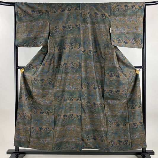 【美品】 紬織 身長157cm 袖長65.5cm M 雙層 大和 草花紋紋 流水 青綠 純蠶絲 逸品級