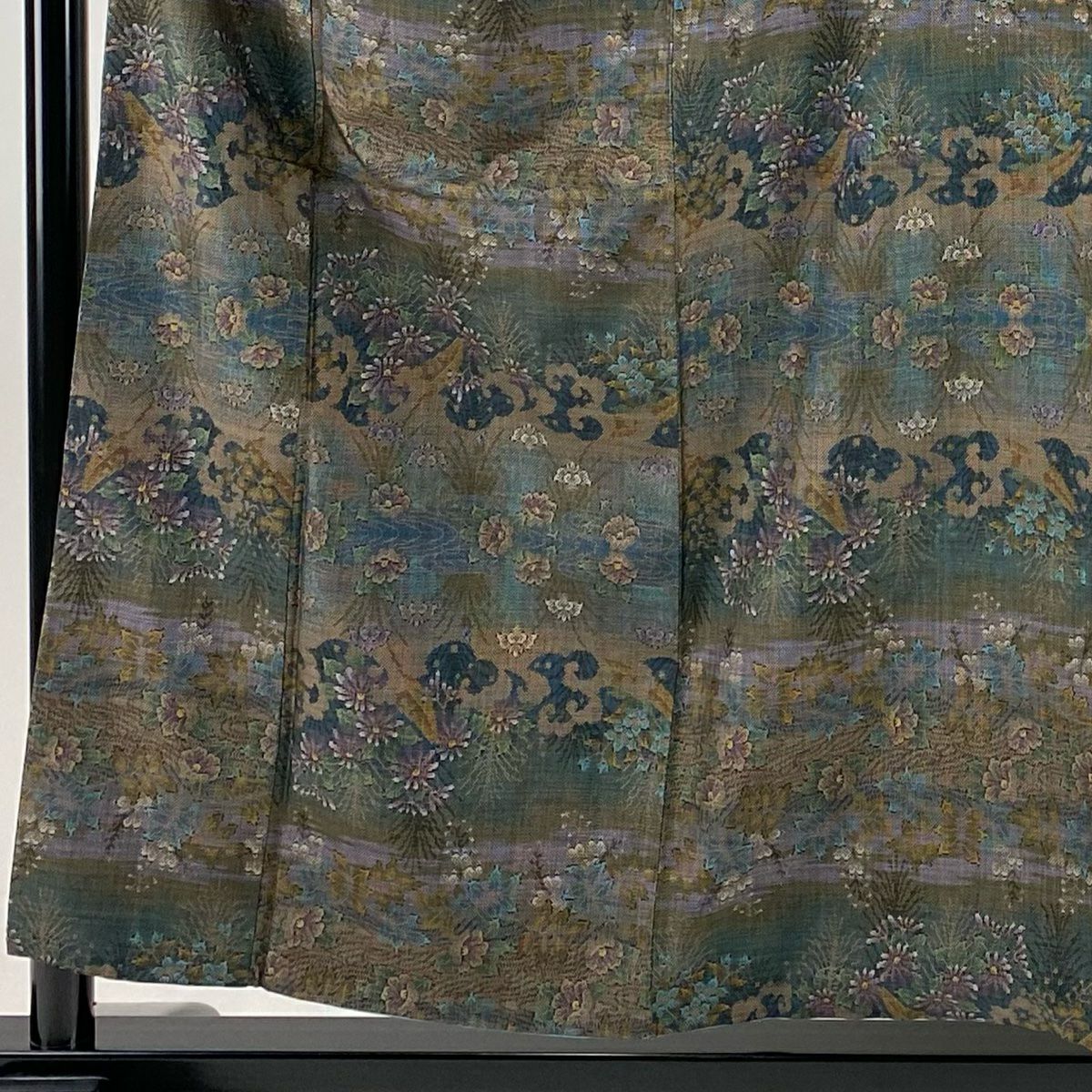 【美品】 紬織 身長157cm 袖長65.5cm M 雙層 大和 草花紋紋 流水 青綠 純蠶絲 逸品級
