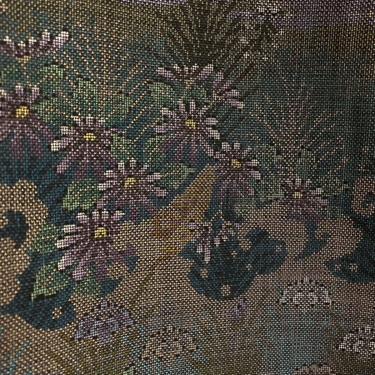 【美品】 紬織 身長157cm 袖長65.5cm M 雙層 大和 草花紋紋 流水 青綠 純蠶絲 逸品級