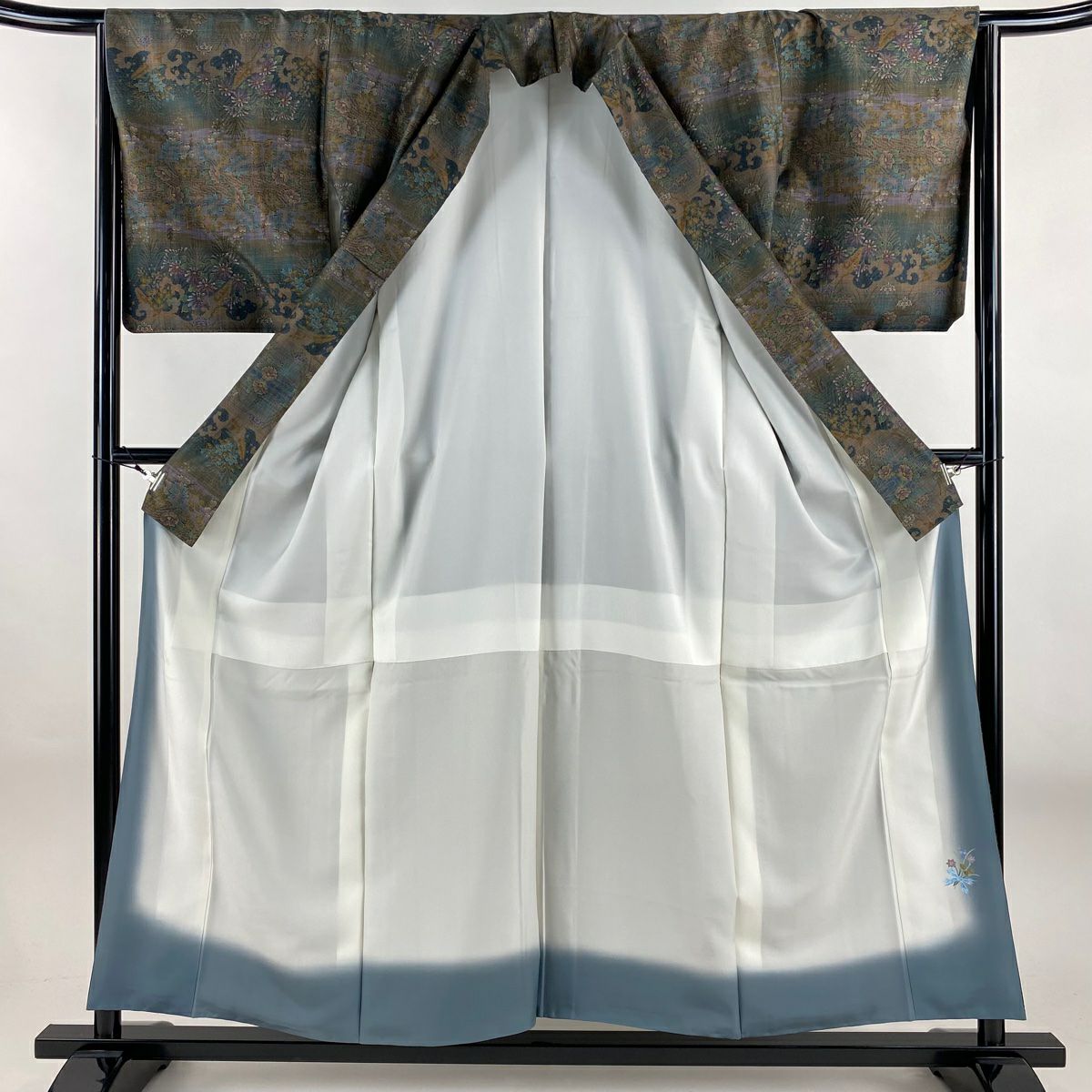 【美品】 紬織 身長157cm 袖長65.5cm M 雙層 大和 草花紋紋 流水 青綠 純蠶絲 逸品級
