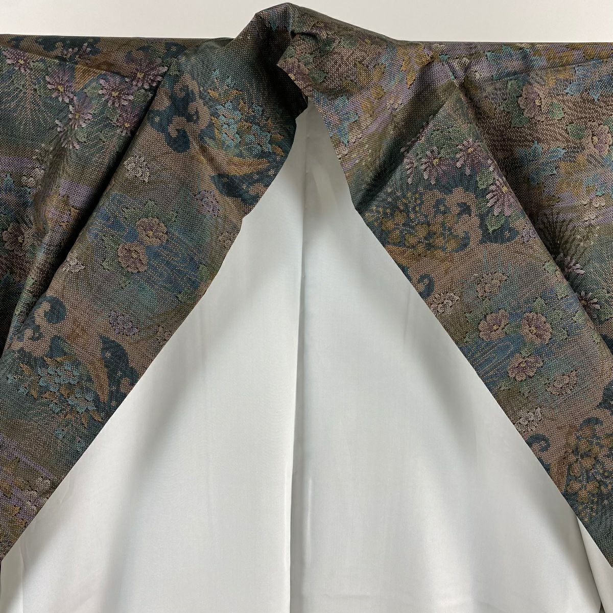 【美品】 紬織 身長157cm 袖長65.5cm M 雙層 大和 草花紋紋 流水 青綠 純蠶絲 逸品級