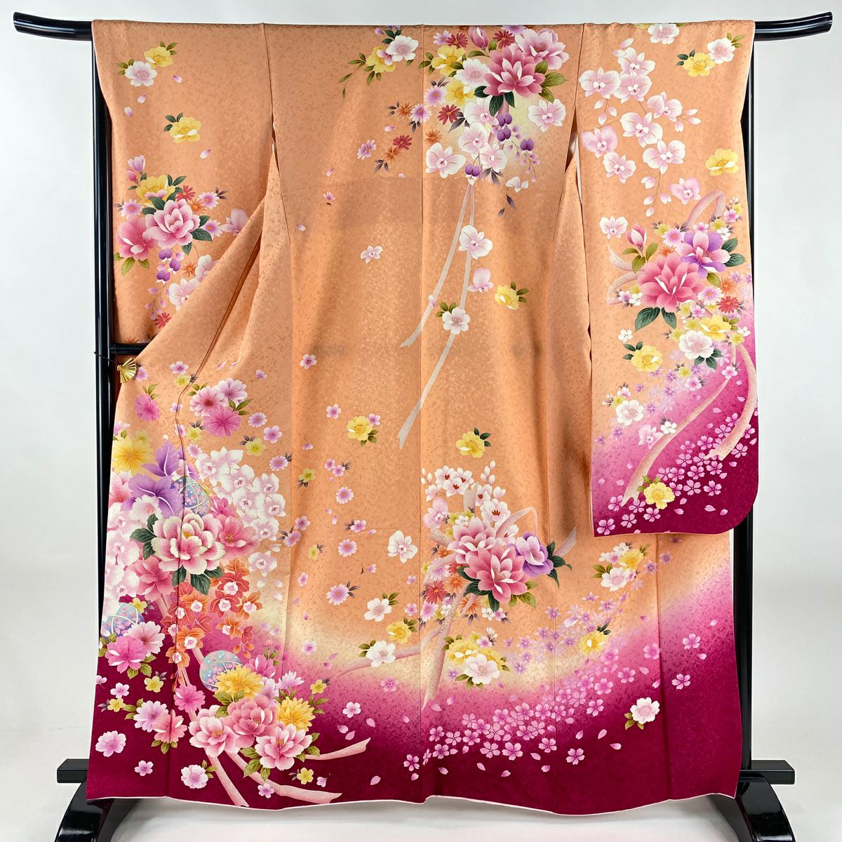 【美品】振袖禮服 身長163cm 袖長66cm M 雙層 手鞠 草花紋 金通 金銀彩 鮭粉色 純蠶絲 逸品級
