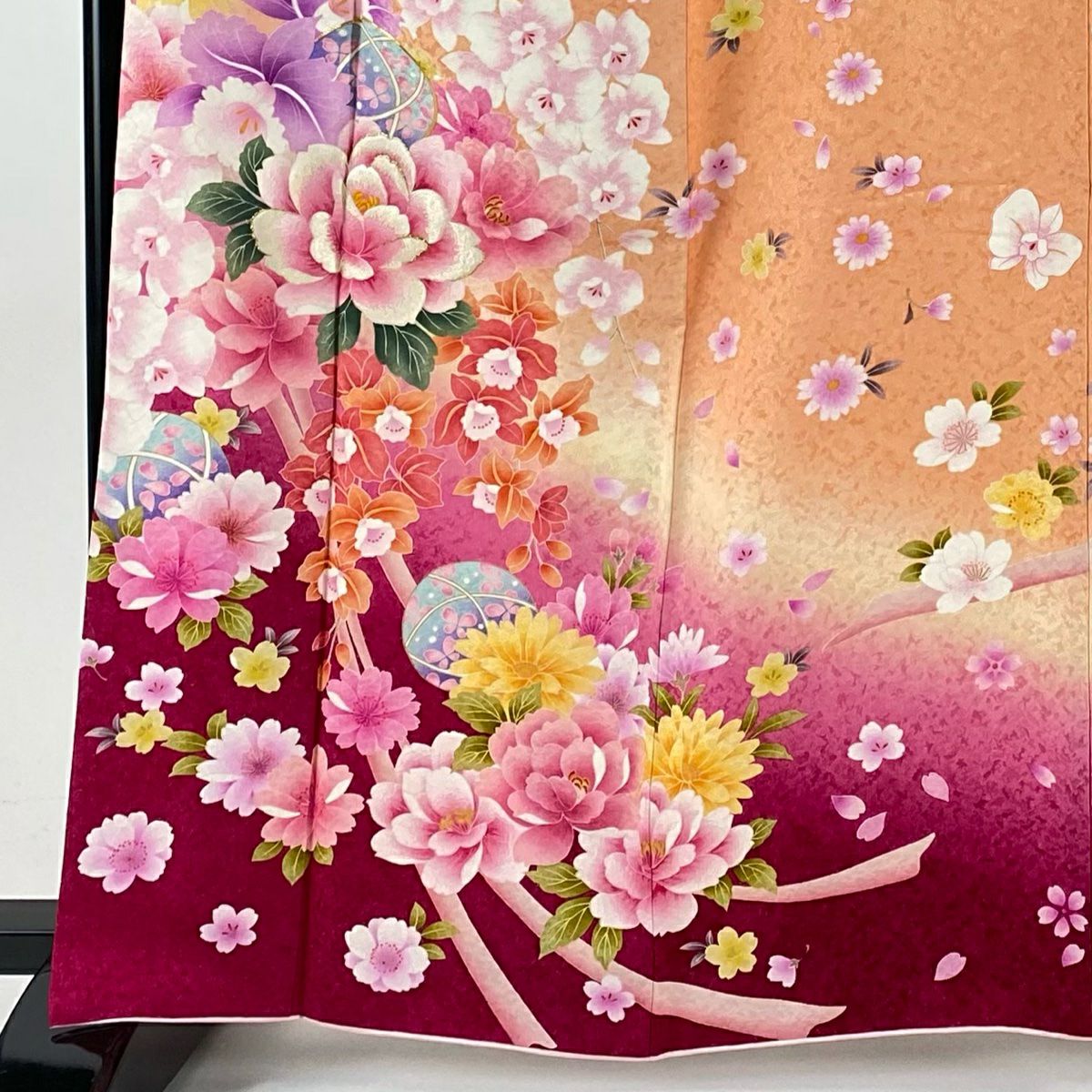 【美品】振袖禮服 身長163cm 袖長66cm M 雙層 手鞠 草花紋 金通 金銀彩 鮭粉色 純蠶絲 逸品級