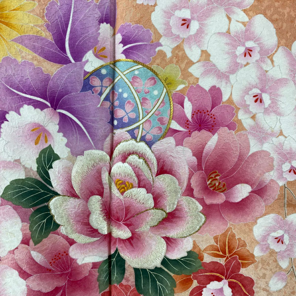 【美品】振袖禮服 身長163cm 袖長66cm M 雙層 手鞠 草花紋 金通 金銀彩 鮭粉色 純蠶絲 逸品級