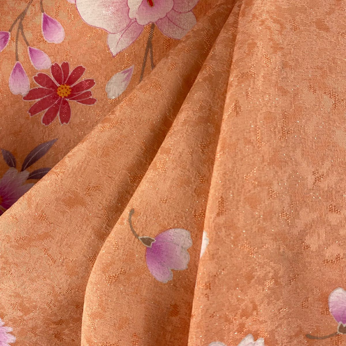 【美品】振袖禮服 身長163cm 袖長66cm M 雙層 手鞠 草花紋 金通 金銀彩 鮭粉色 純蠶絲 逸品級