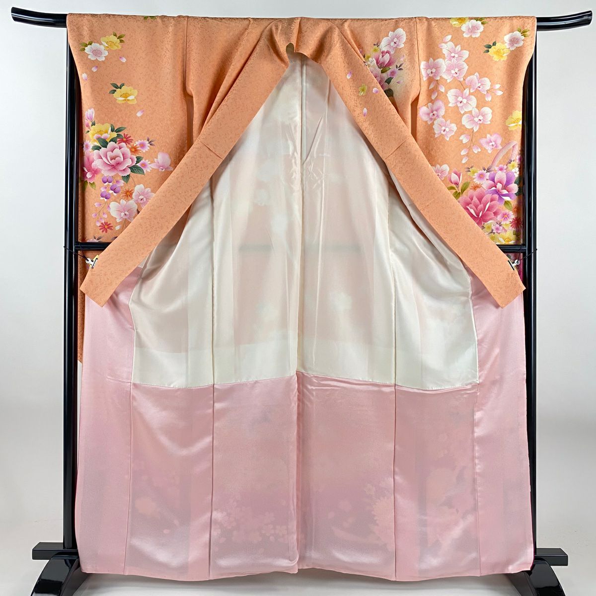 【美品】振袖禮服 身長163cm 袖長66cm M 雙層 手鞠 草花紋 金通 金銀彩 鮭粉色 純蠶絲 逸品級