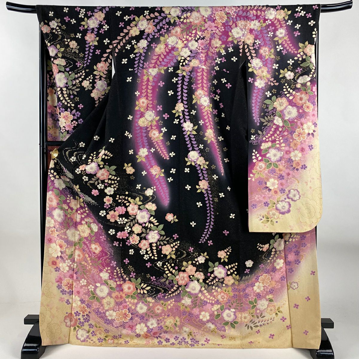 【美品】振袖禮服 身長170cm 袖長67cm M 雙層 辻花染圖案 流水 金通 金銀彩 黑 純蠶絲 逸品級