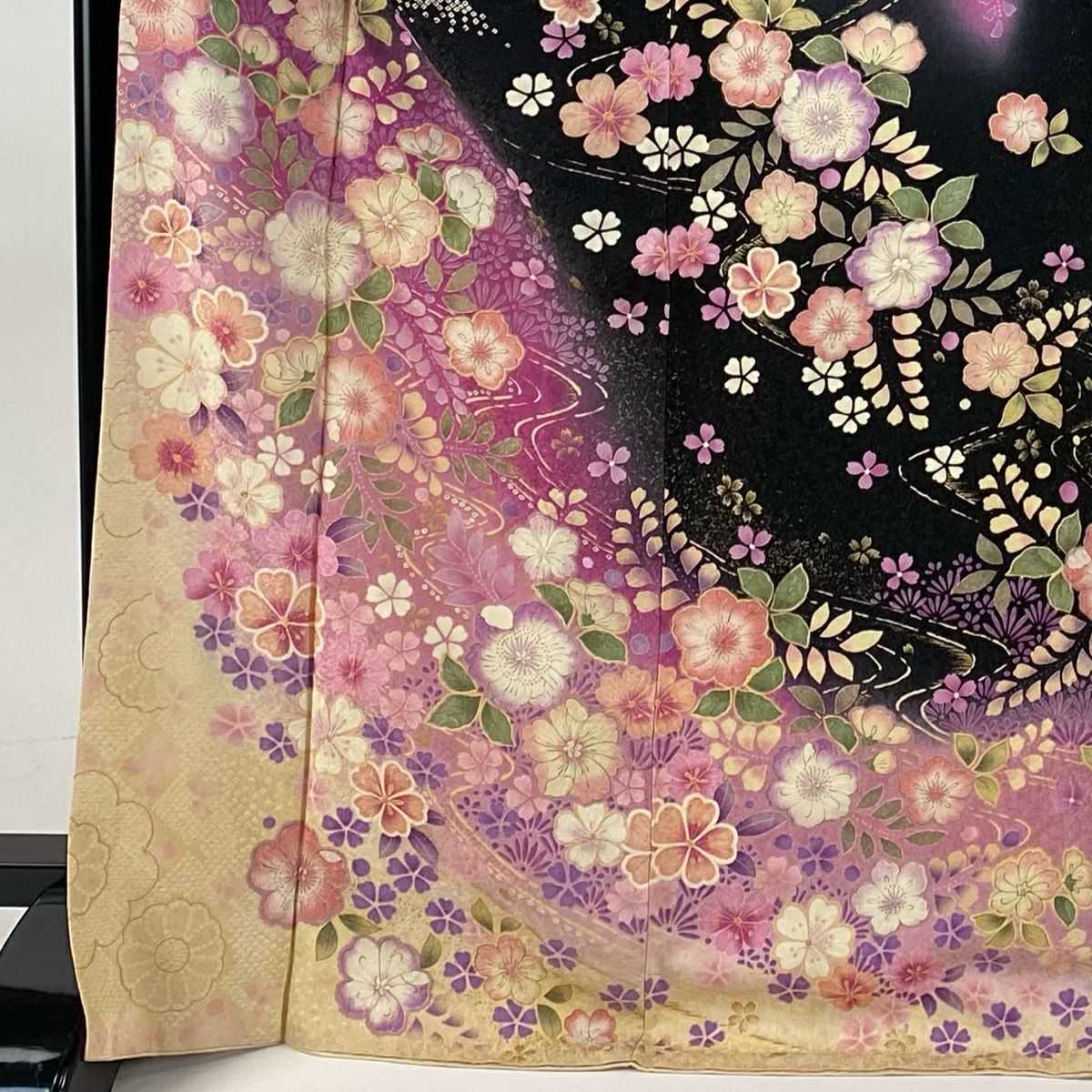 【美品】振袖禮服 身長170cm 袖長67cm M 雙層 辻花染圖案 流水 金通 金銀彩 黑 純蠶絲 逸品級