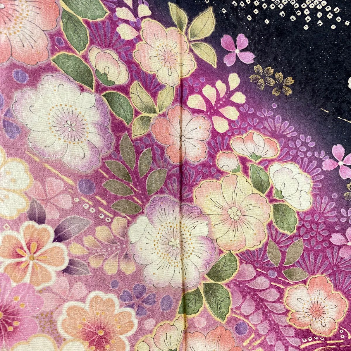 【美品】振袖禮服 身長170cm 袖長67cm M 雙層 辻花染圖案 流水 金通 金銀彩 黑 純蠶絲 逸品級