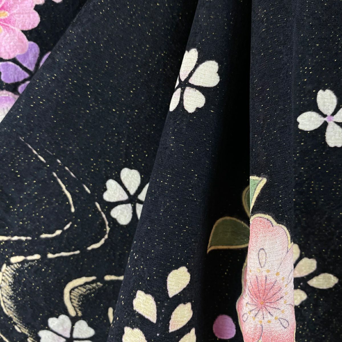 【美品】振袖禮服 身長170cm 袖長67cm M 雙層 辻花染圖案 流水 金通 金銀彩 黑 純蠶絲 逸品級