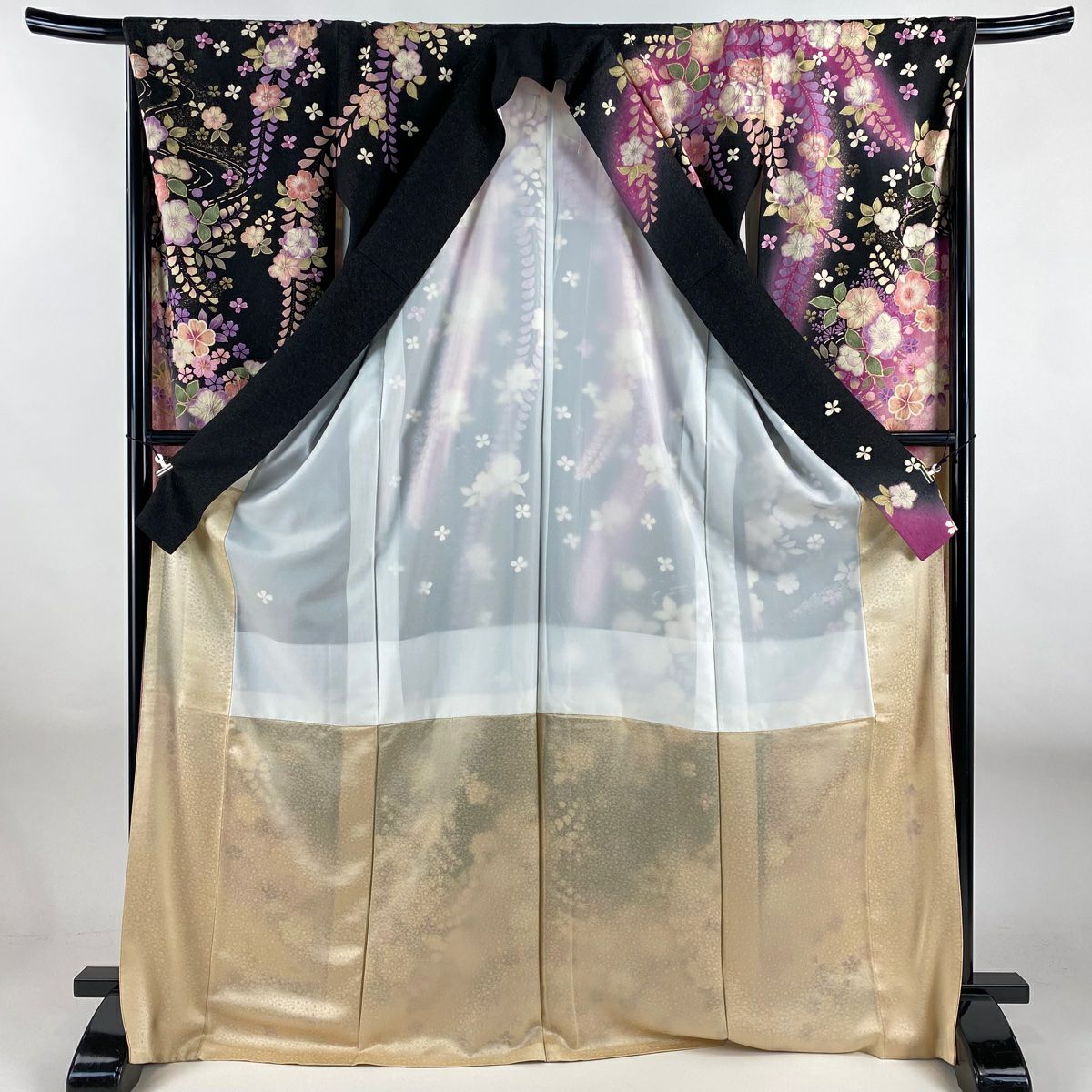 【美品】振袖禮服 身長170cm 袖長67cm M 雙層 辻花染圖案 流水 金通 金銀彩 黑 純蠶絲 逸品級