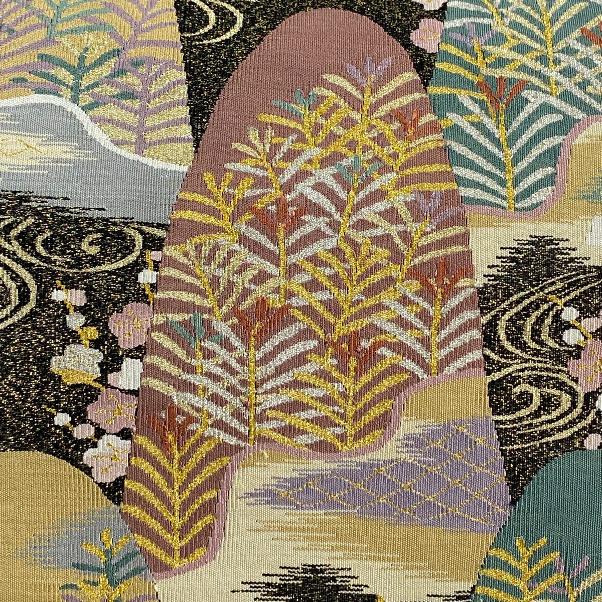 【美品】 袋帶 名品級 松樹梅花 流水 金銀彩 金金箔 墨 黑色 お太鼓圖案 純蠶絲