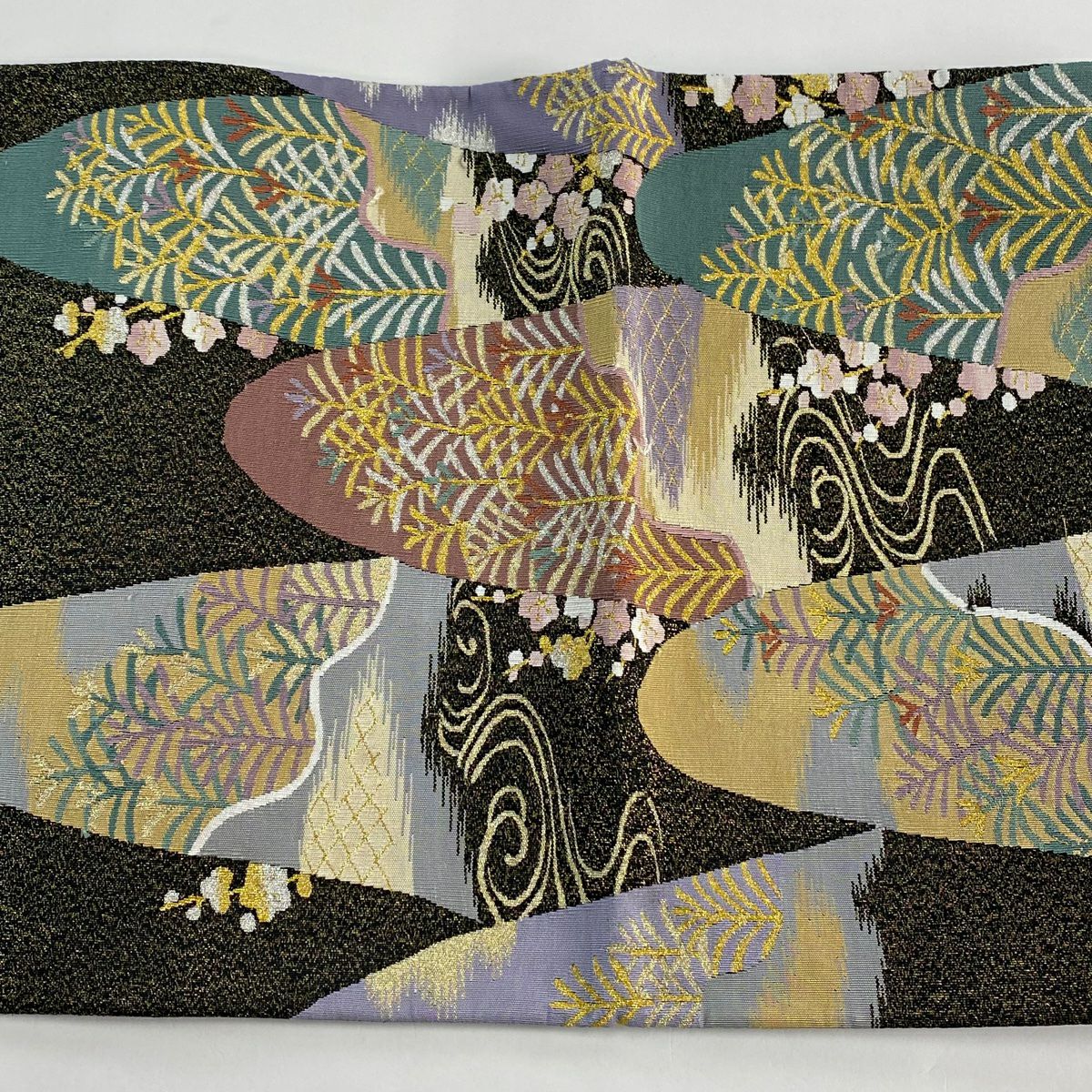 【美品】 袋帶 名品級 松樹梅花 流水 金銀彩 金金箔 墨 黑色 お太鼓圖案 純蠶絲