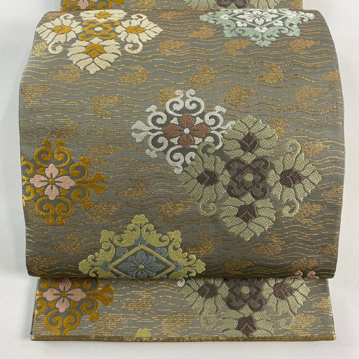 【美品】 袋帶 名品級 花菱 荒磯 金金箔 灰綠 六通 純蠶絲