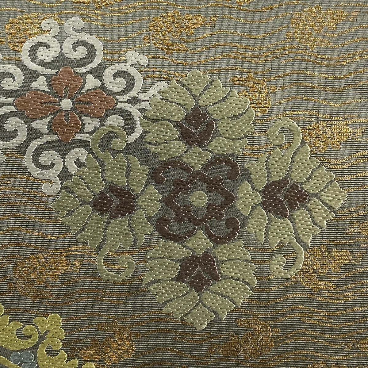 【美品】 袋帶 名品級 花菱 荒磯 金金箔 灰綠 六通 純蠶絲