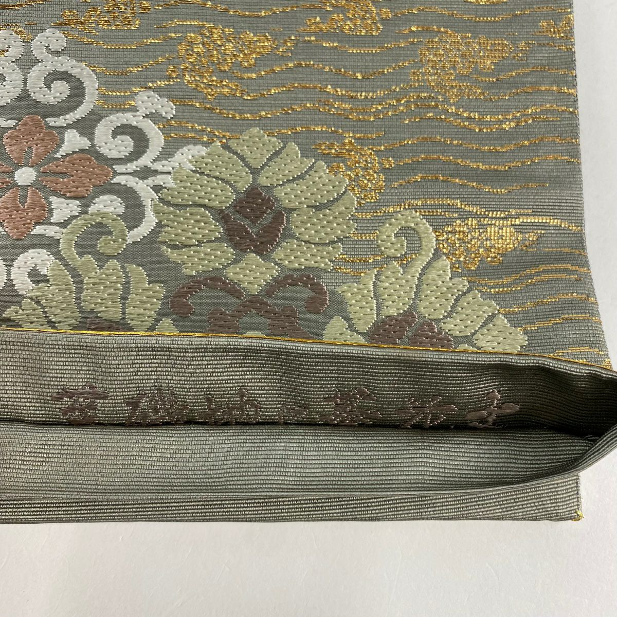 【美品】 袋帶 名品級 花菱 荒磯 金金箔 灰綠 六通 純蠶絲
