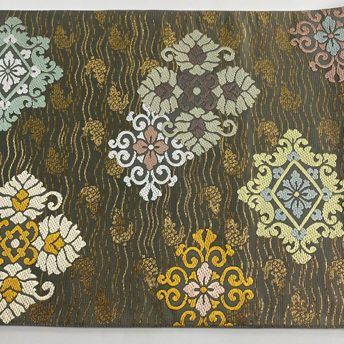 【美品】 袋帶 名品級 花菱 荒磯 金金箔 灰綠 六通 純蠶絲