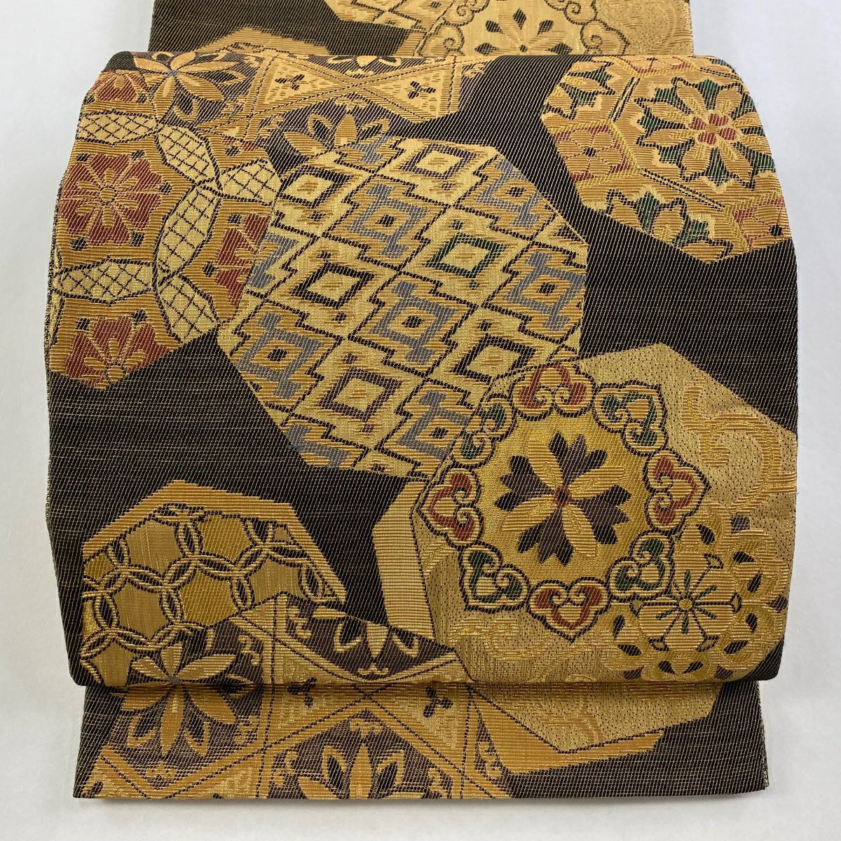 【美品】 袋帶 名品級 華紋 七寶 金金箔 墨 深藍色 お太鼓圖案 純蠶絲