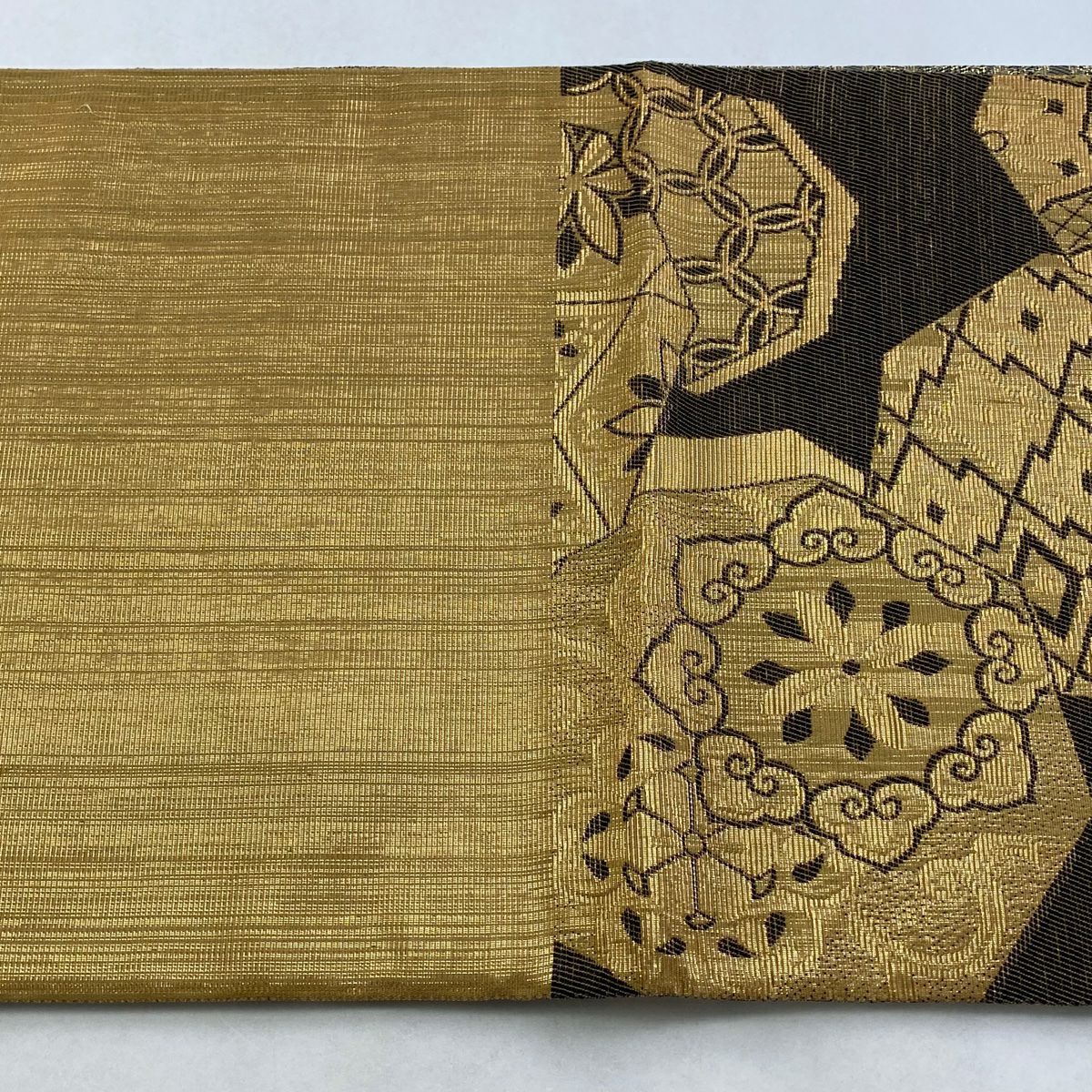 【美品】 袋帶 名品級 華紋 七寶 金金箔 墨 深藍色 お太鼓圖案 純蠶絲