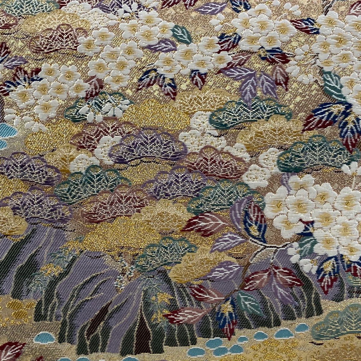 【美品】 袋帶 名品級 長嶋成織物 落款あり 晴天 松樹梅花 樹木 刺繡 金絲 金色 六通 純蠶絲