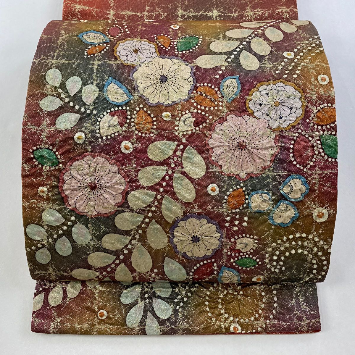 【美品】 袋帶 名品級 附落款 辻花染 金金箔 銀線 深紅色 大鼓圖案 純蠶絲