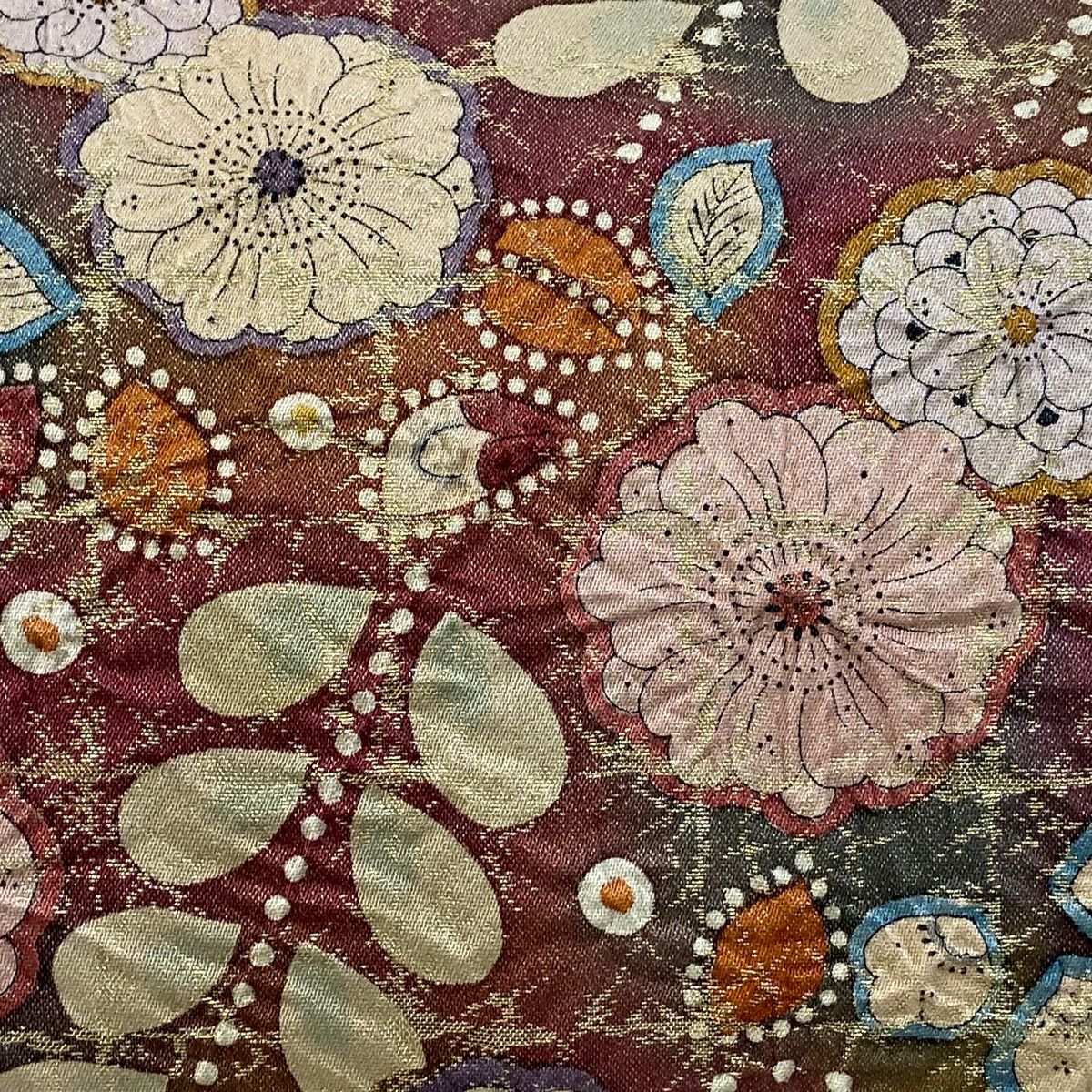 【美品】 袋帶 名品級 附落款 辻花染 金金箔 銀線 深紅色 大鼓圖案 純蠶絲