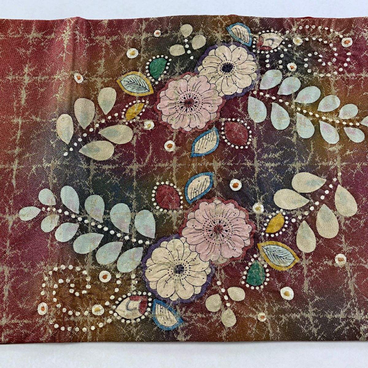 【美品】 袋帶 名品級 附落款 辻花染 金金箔 銀線 深紅色 大鼓圖案 純蠶絲