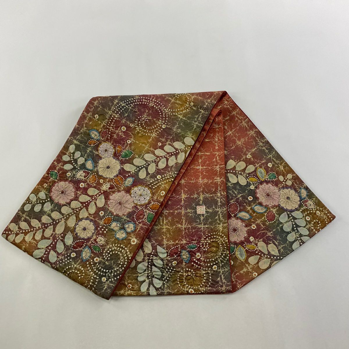 【美品】 袋帶 名品級 附落款 辻花染 金金箔 銀線 深紅色 大鼓圖案 純蠶絲